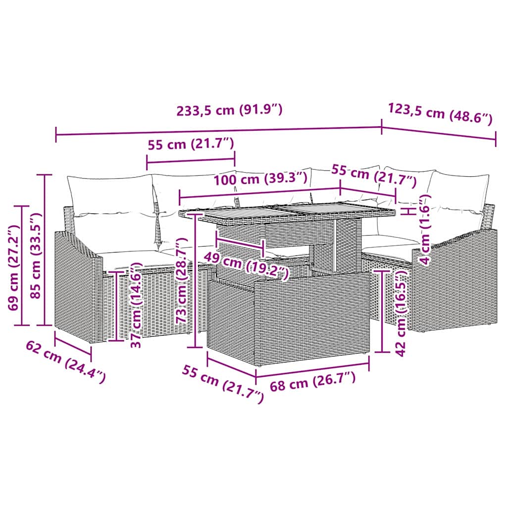 vidaXL Σετ Φαγητού 6 Τεμαχίων Κήπου με Μαξιλάρια Μαύρο Πολυ Ρατάν Ακακίας