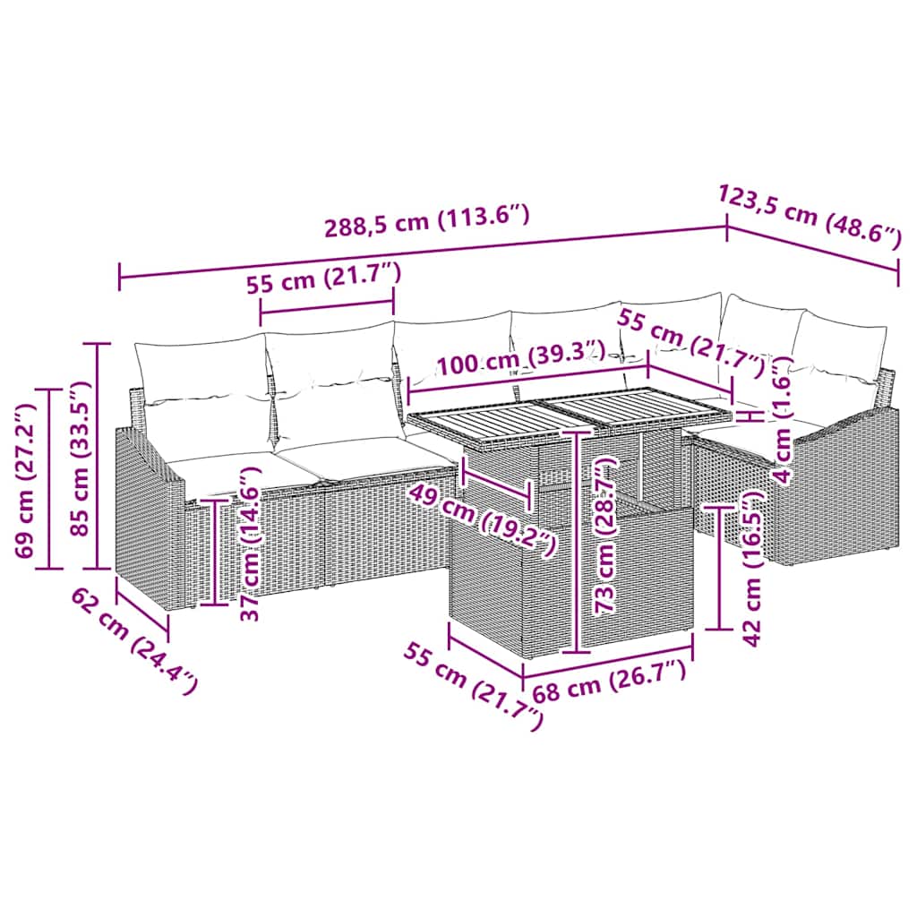 vidaXL Σετ Εξωτερικής Τραπεζαρίας 7 Τεμαχίων με Μαξιλάρια Μαύρο Πολυ Ράτανα Ακακία