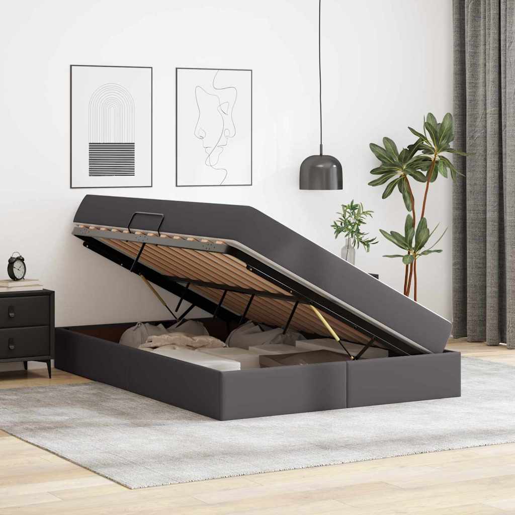 vidaXL Κρεβάτι με αποθηκευτικό χώρο και στρώμα 2 pcs Γκρι Δέρμα