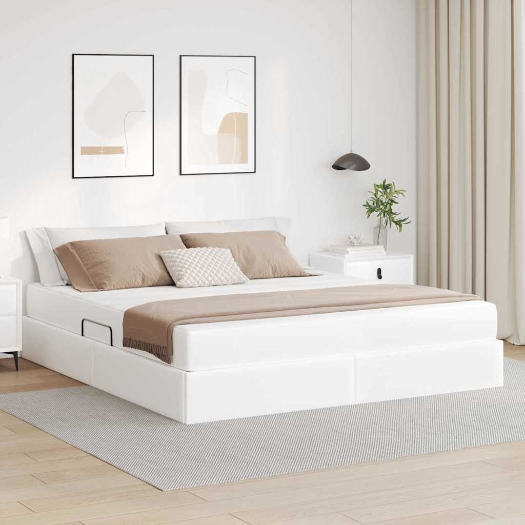 vidaXL Κρεβάτι με αποθηκευτικό χώρο και στρώμα 2 pcs Λευκό Δέρμα