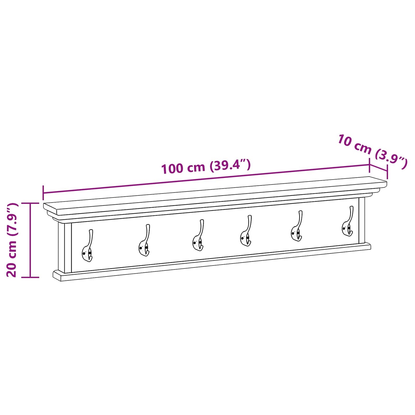vidaXL Κρεμάστρα Τοίχου Φυσικό 100 x 10 x 20 cm Στερεό Ξύλο Τίκ