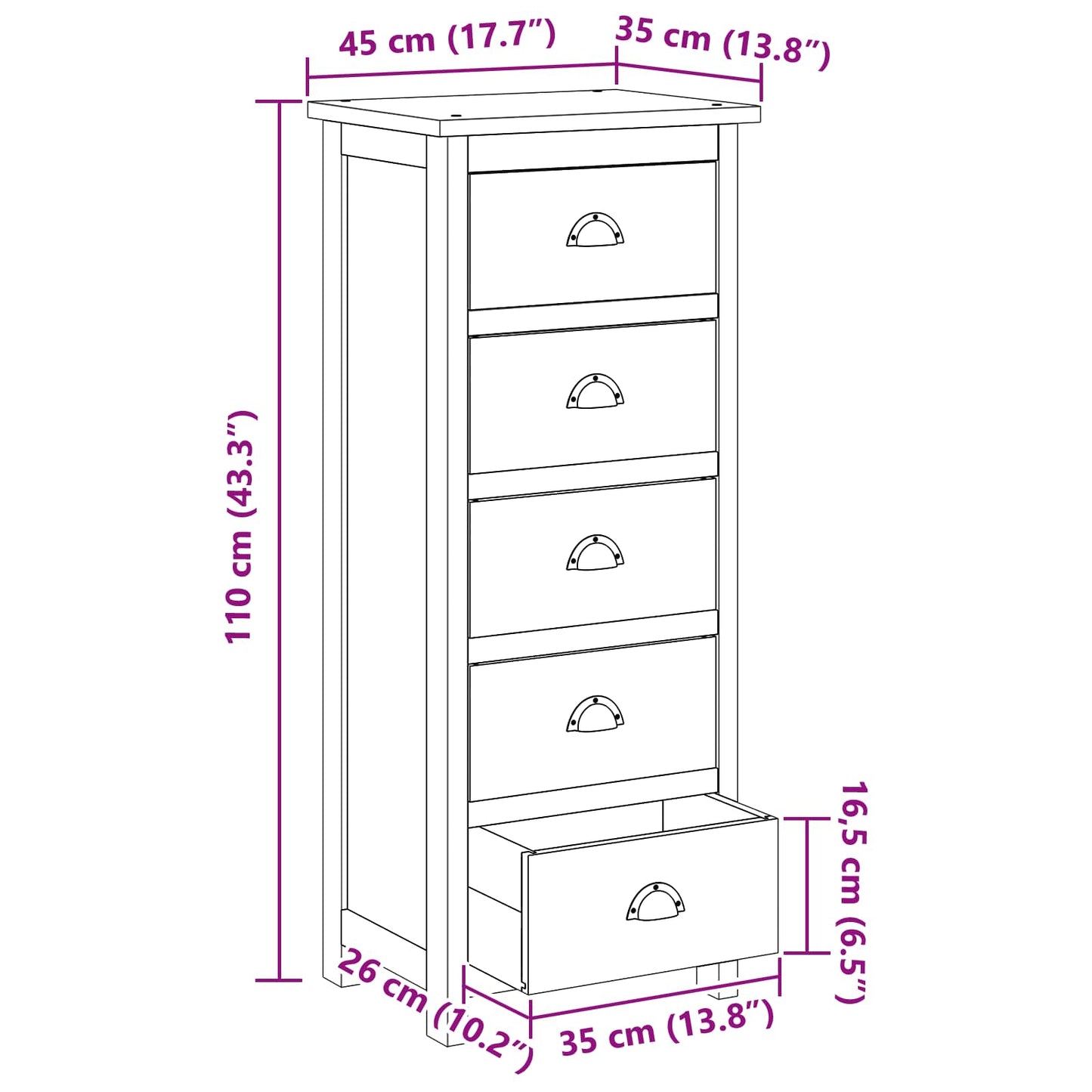 vidaXL Κουτί με συρτάρια Φυσικό 45 x 35 x 110 εκ Στερεό Ξύλο Τίκ