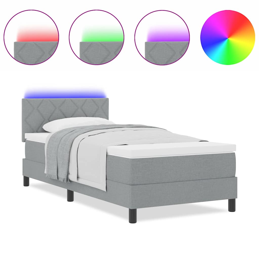 vidaXL Κρεβάτι Box Spring με Στρώμα & LED Ανοιχτό Γκρι 90x200 εκ Ύφασμα