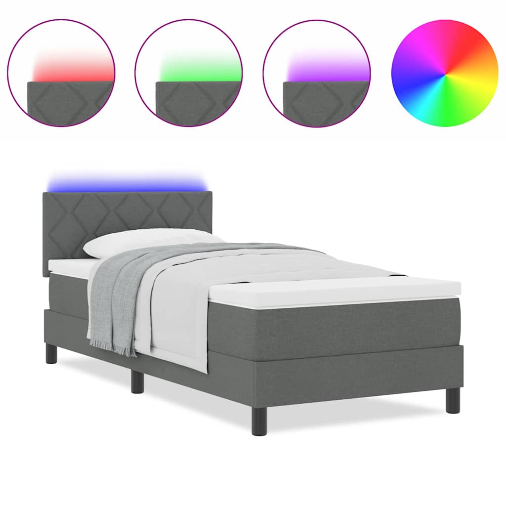 vidaXL Κρεβάτι Box Spring με Στρώμα & LED Σκούρας Γκρί 90x200 cm Ύφασμα