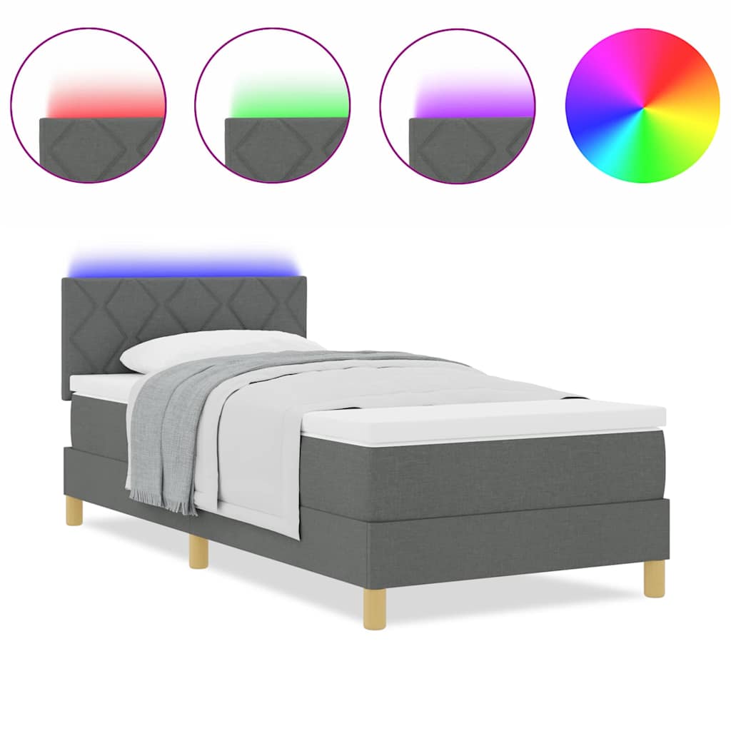 vidaXL Κρεβάτι με Σπρινγκ και Ματress & LED Σκούρο Γκρι 90x200 εκ. Ύφασμα