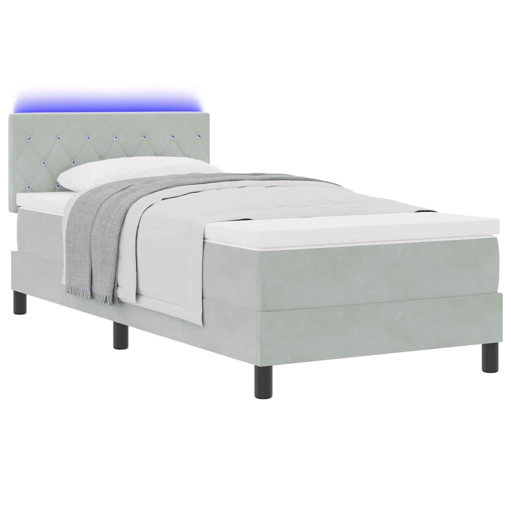 vidaXL Κρεβάτι Box Spring με Στρώμα & LED Φως Γκρι 90x200 εκ Βελούδο