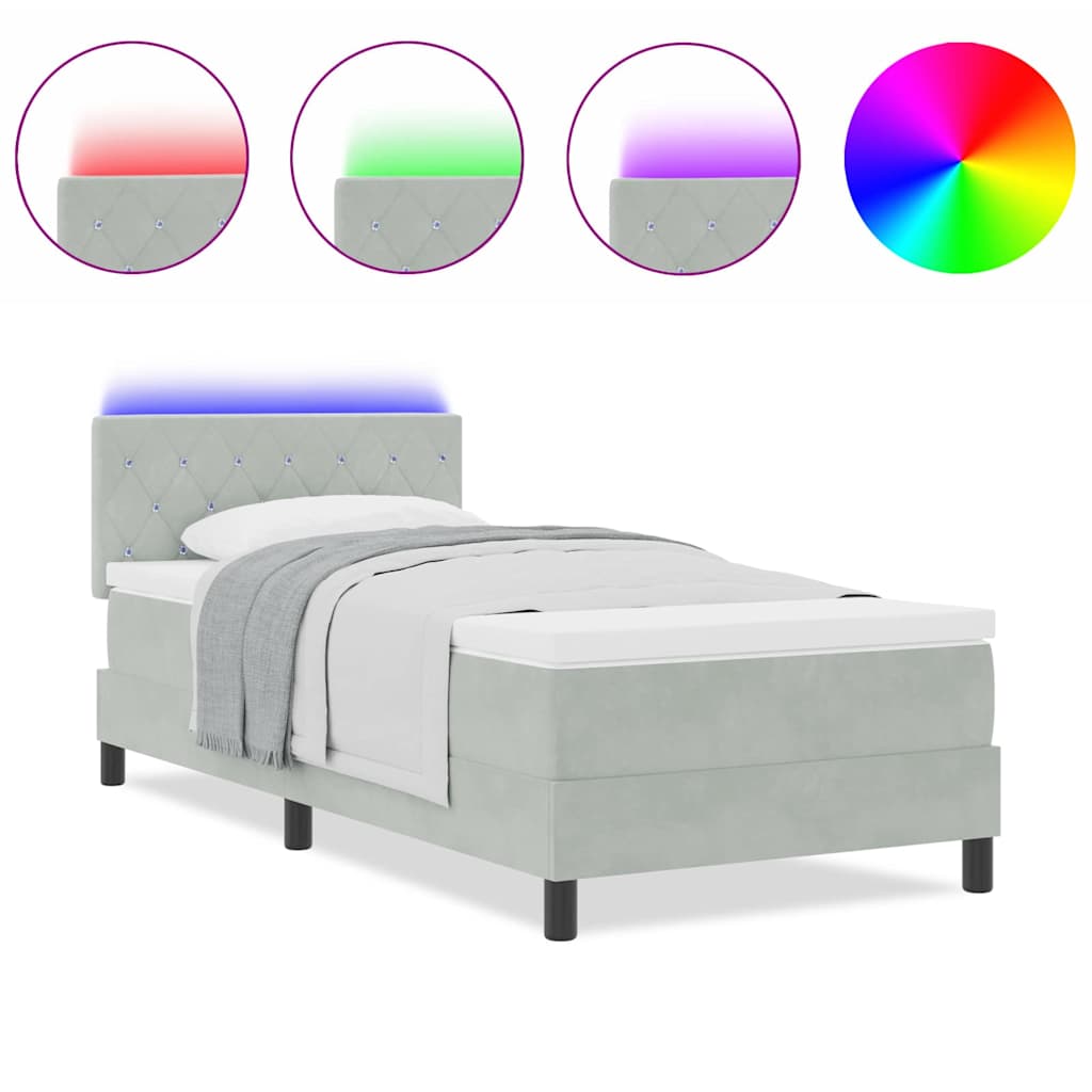 vidaXL Κρεβάτι Box Spring με Στρώμα & LED Φως Γκρι 90x200 εκ Βελούδο