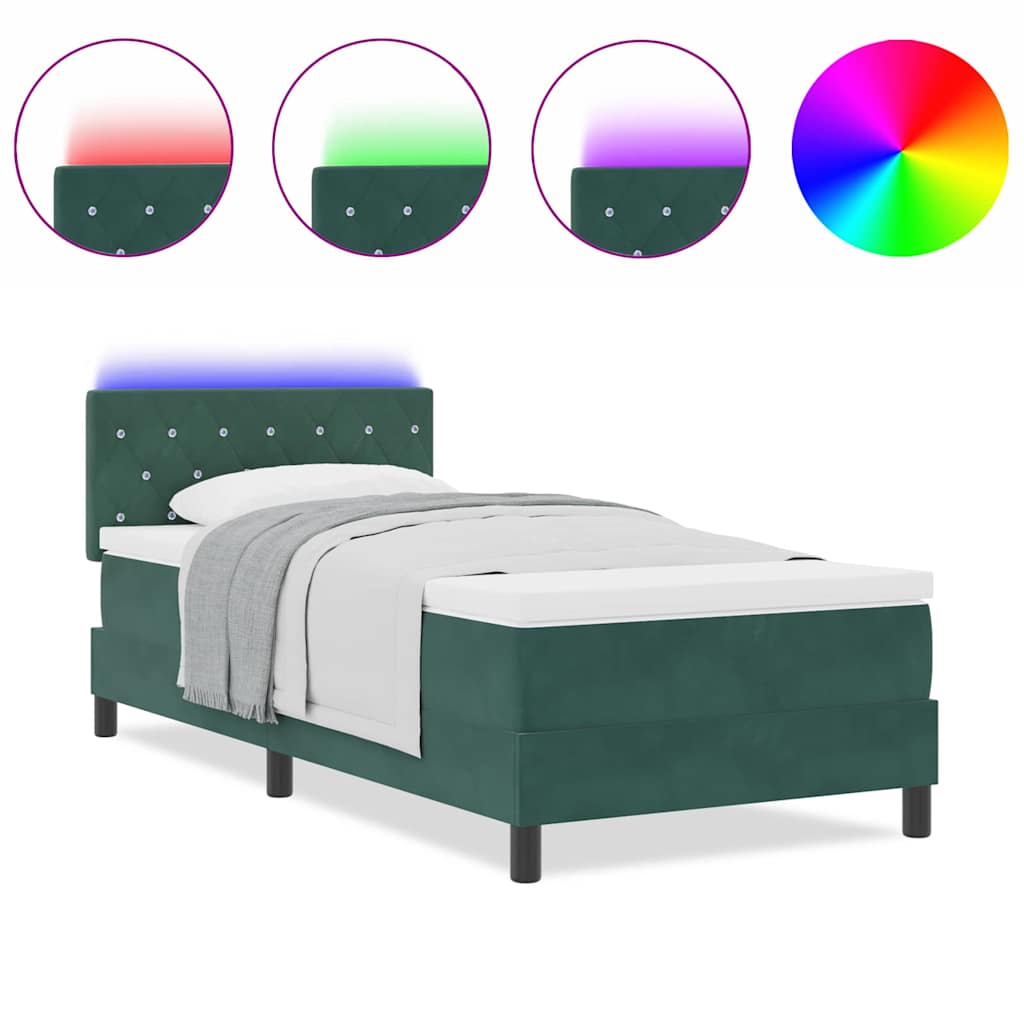 vidaXL Κρεβάτι Box Spring με Στρώμα & LED Σκούρο Πράσινο 90x200 εκ Βελούδο