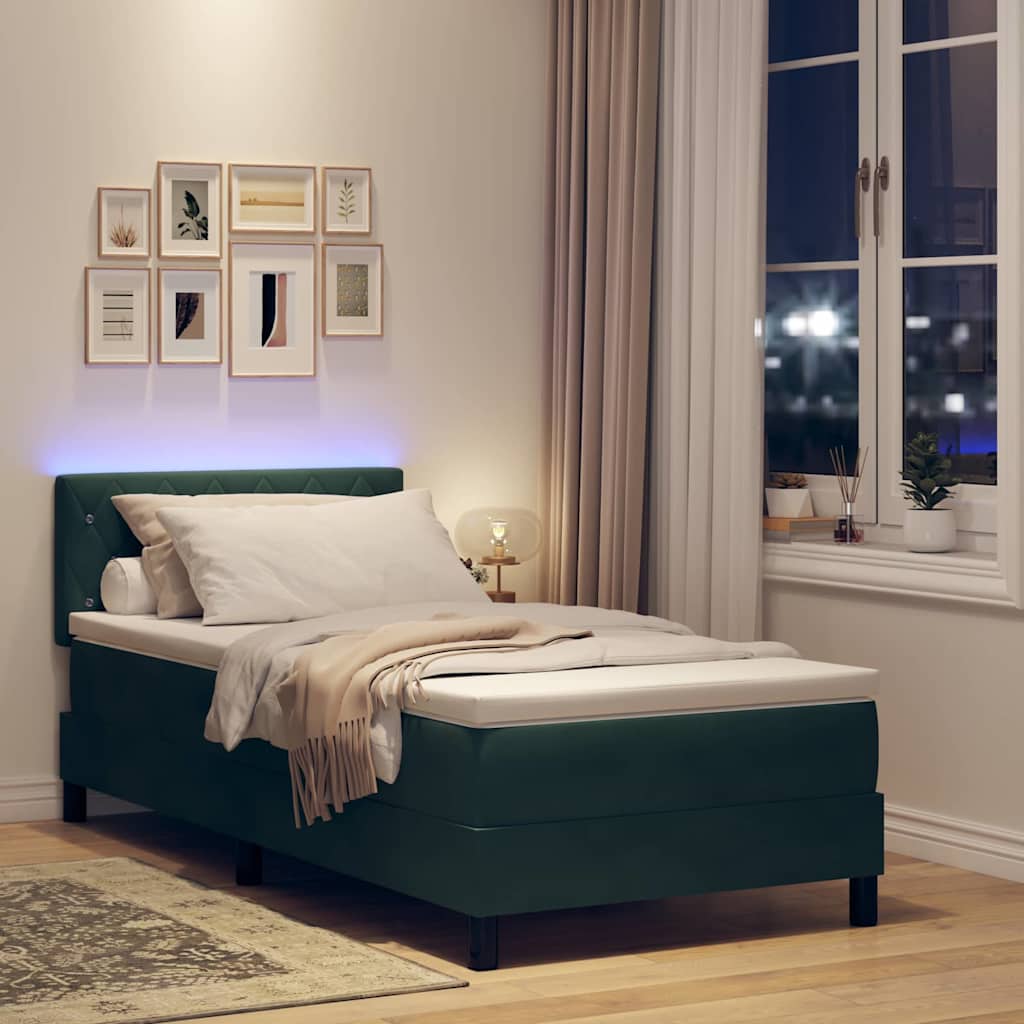 vidaXL LED Κρεβάτι με βάθρο με led Σκούρο Πράσινο 100 x 200 cm Βελούδο
