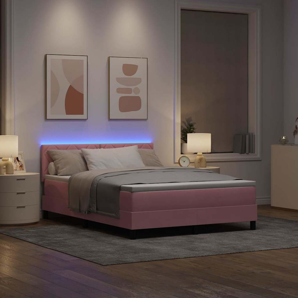vidaXL LED Κρεβάτι με βάθρο με κεφαλάρι Ροζ 140 x 190 cm Βελούδο