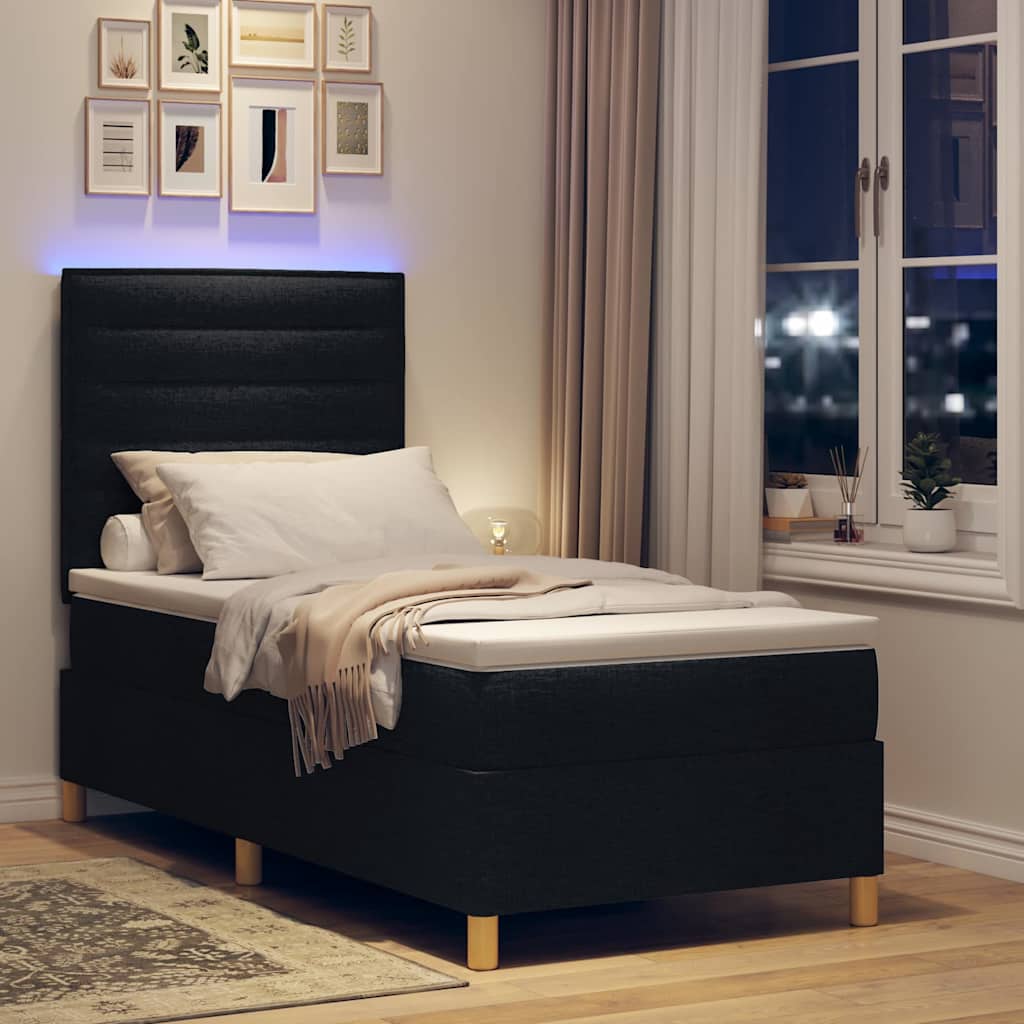 vidaXL LED Κρεβάτι με βάθρο με στρώμα Μαύρο 90 x 190 cm ύφασμα