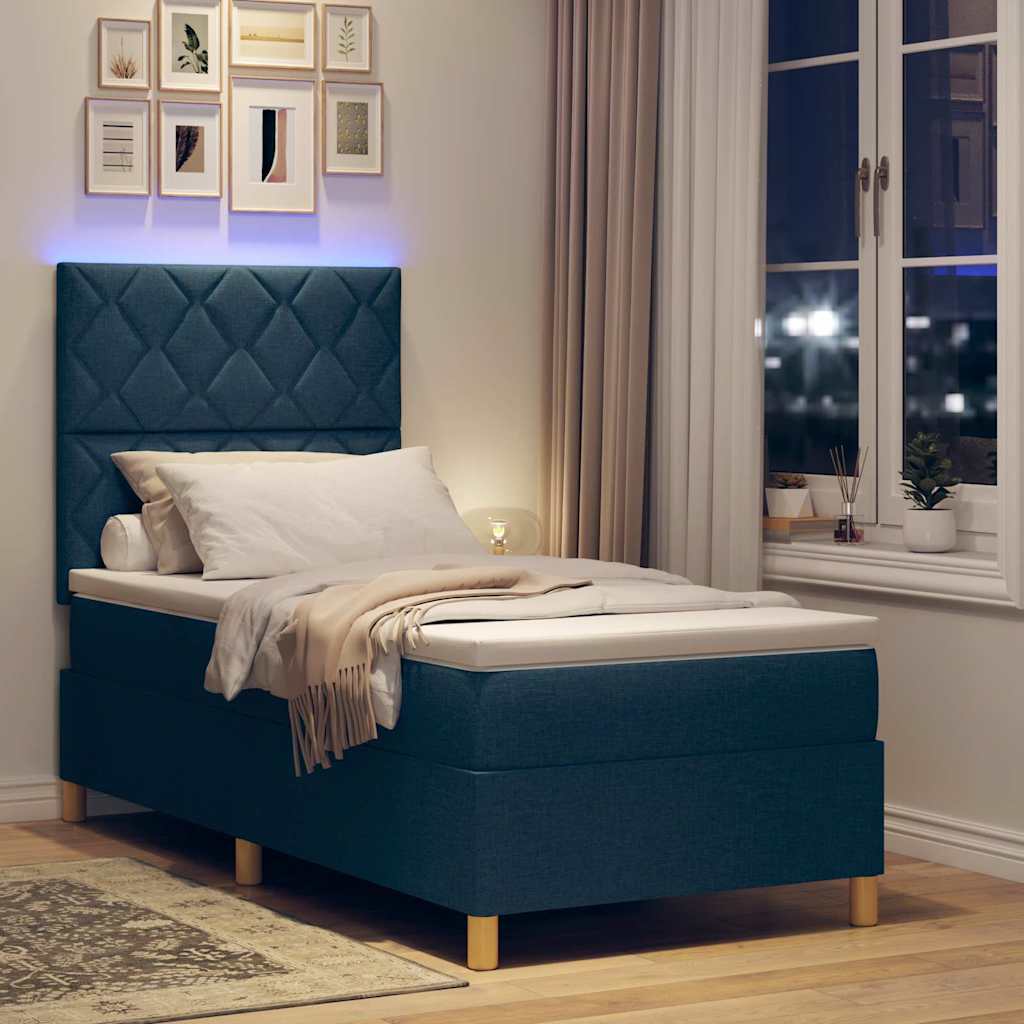 vidaXL LED Κρεβάτι με βάθρο με κεφαλάρι Μπλε 90 x 190 cm ύφασμα