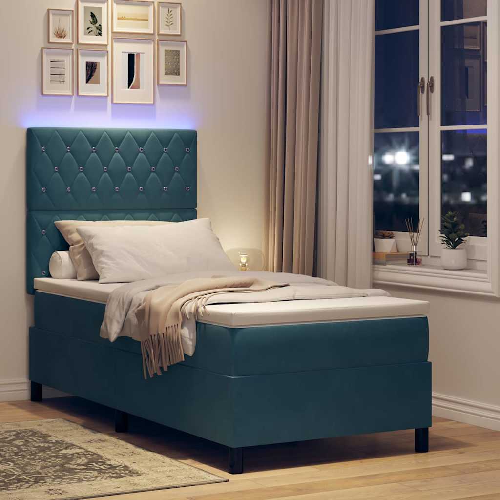 vidaXL LED Κρεβάτι με βάθρο με στρώμα Σκούρο Μπλε 90 x 190 cm Βελούδο