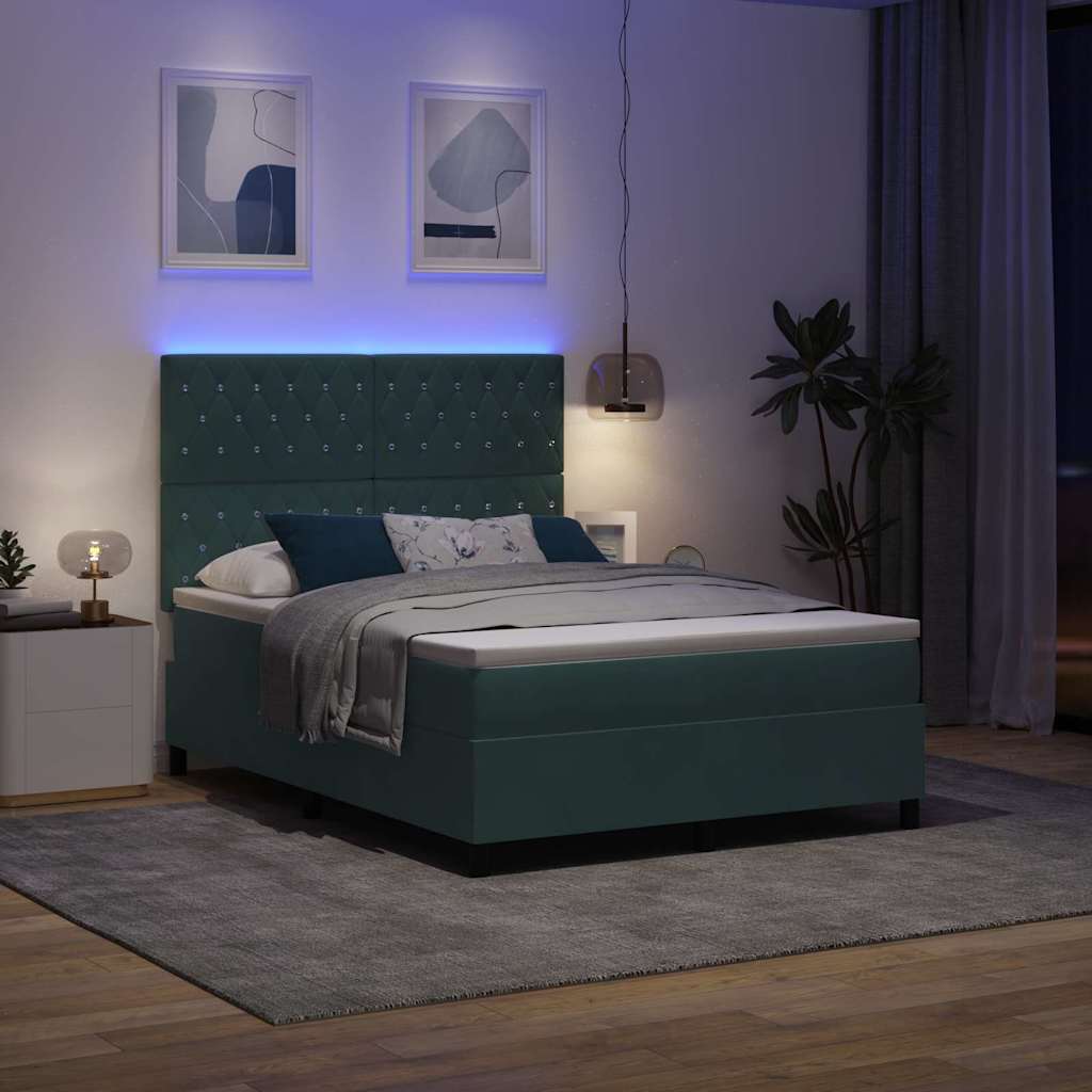 vidaXL LED Κρεβάτι με βάθρο Σκούρο Πράσινο 140 x 190 cm Βελούδο