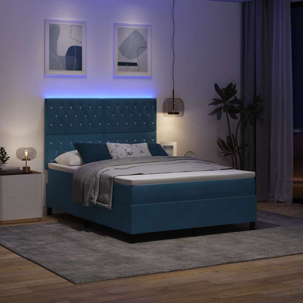 vidaXL LED Κρεβάτι με βάθρο με στρώμα Σκούρο Μπλε 140 x 190 cm Βελούδο