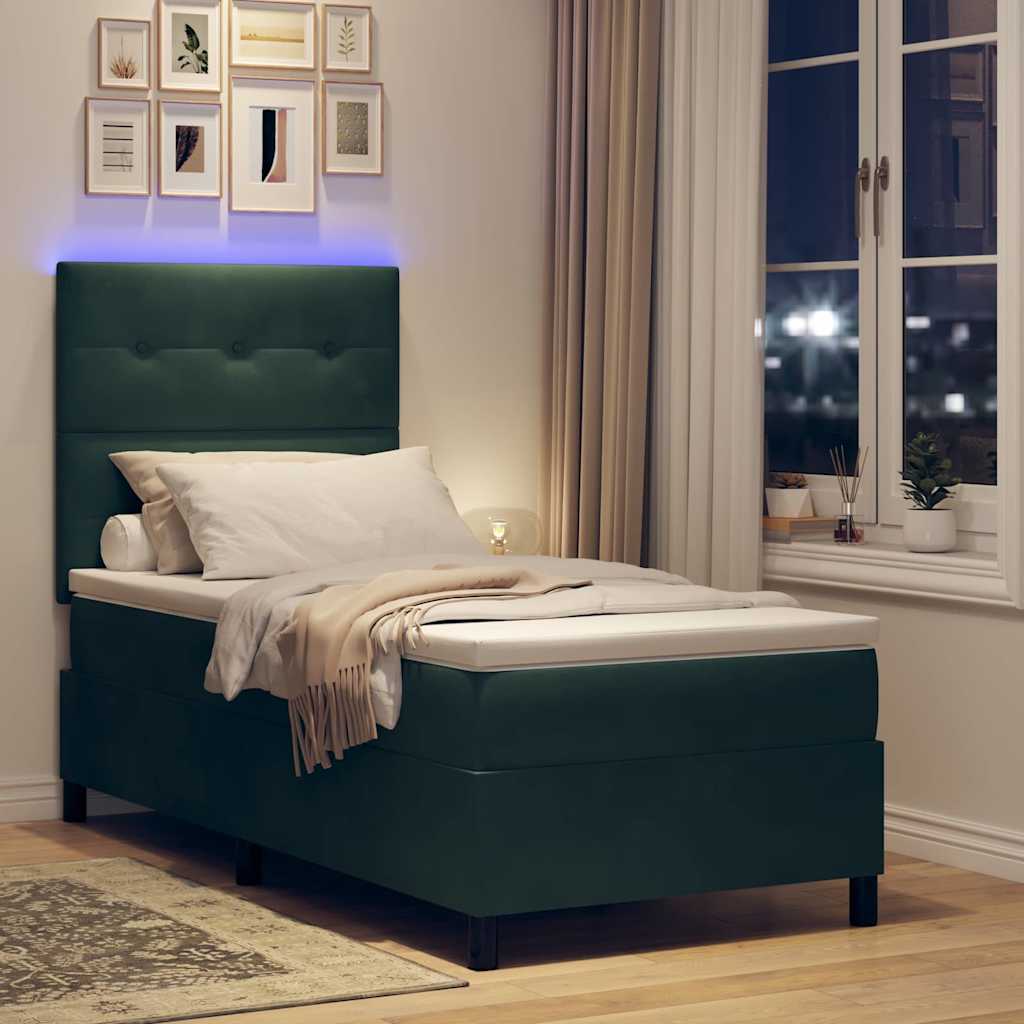 vidaXL LED Κρεβάτι με βάθρο Σκούρο Πράσινο 90 x 190 cm Βελούδο