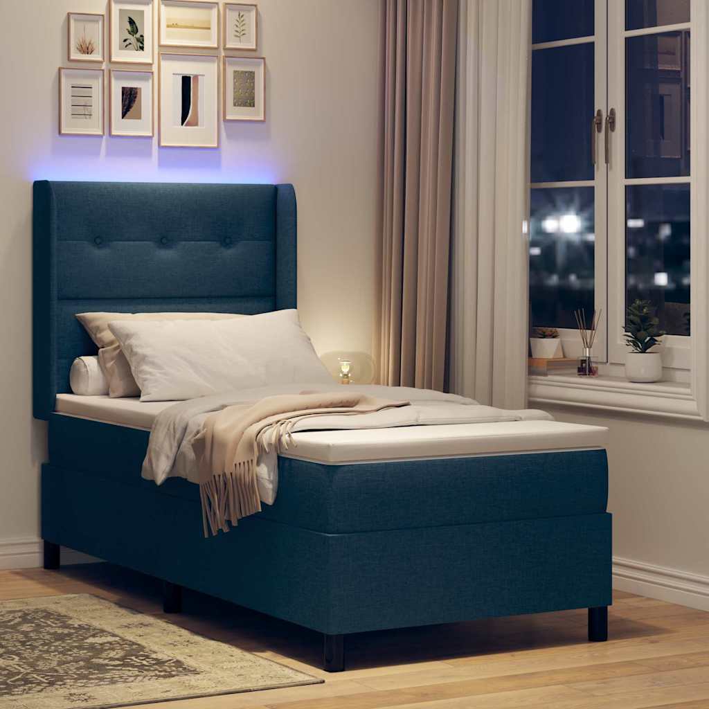 vidaXL LED Κρεβάτι με βάθρο με κεφαλάρι Μπλε 90 x 190 cm ύφασμα