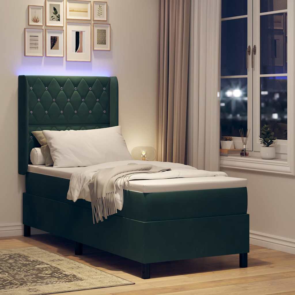 vidaXL Κρεβάτι με ελατήρια με led Σκούρο Πράσινο 80 x 200 cm Βελούδο