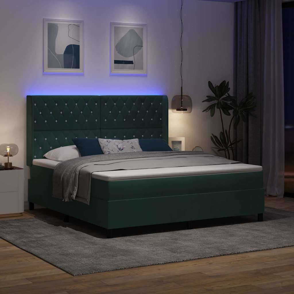 vidaXL Κρεβάτι με ελατήρια με led Σκούρο Πράσινο 180 x 200 cm Βελούδο