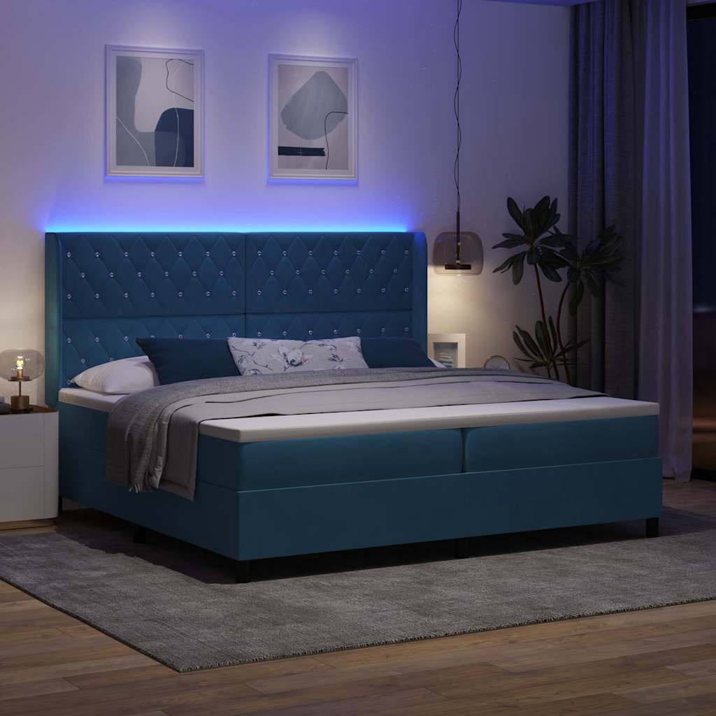 vidaXL Κρεβάτι με ελατήρια με στρώμα με led Μπλε 200 x 200 cm Βελούδο