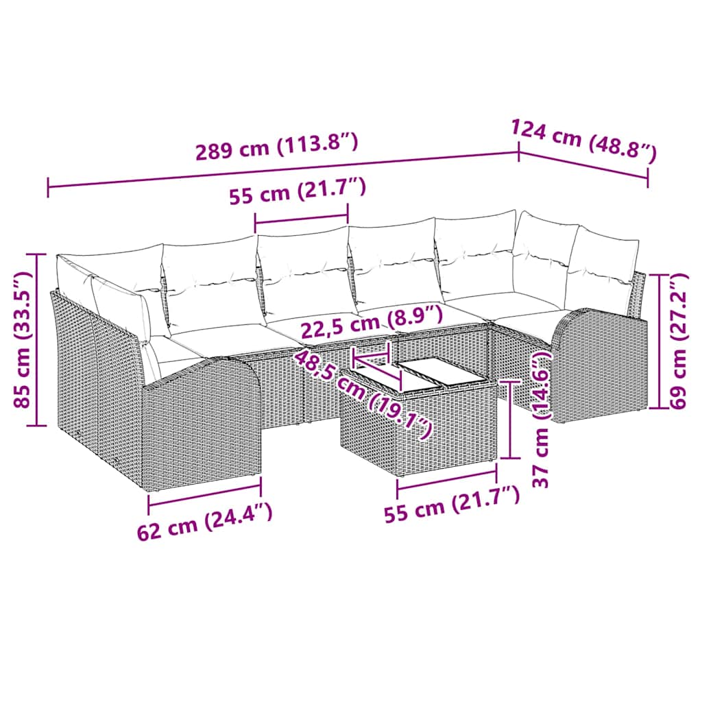 vidaXL Σετ Κήπου 8 τεμαχίων με Μαξιλάρια Καφέ Πολυ Ρατάν