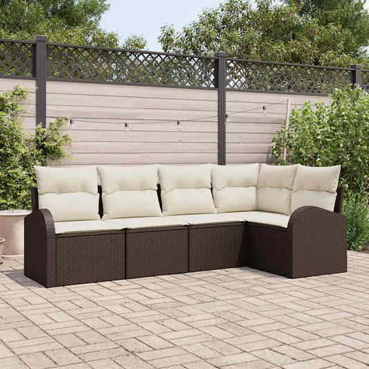 vidaXL Σετ Καναπέ Κήπου με μαξιλάρι 5 pcs Καφέ και λευκό Πολυ ράταν