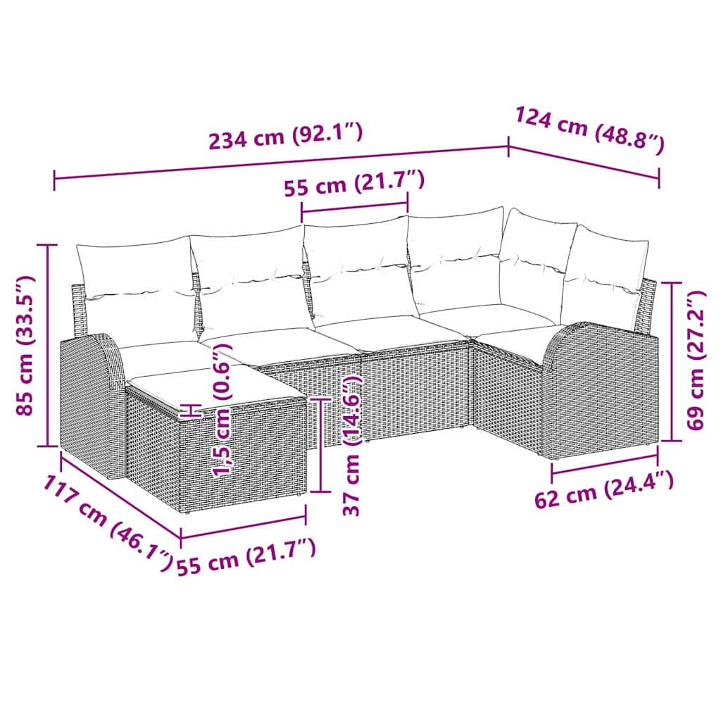 vidaXL Σετ 6 Τεμαχίων Καναπές Κήπου Με Μαξιλάρια Καφέ Πολυ Ρατάν