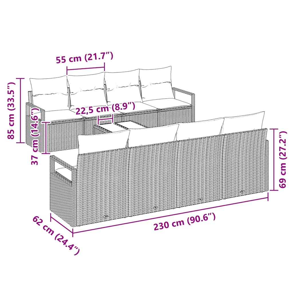 vidaXL Σετ Σαμπού Κήπου 9 Τεμαχίων Με Μαξιλάρια Γκρι Πολυ Ρατάν