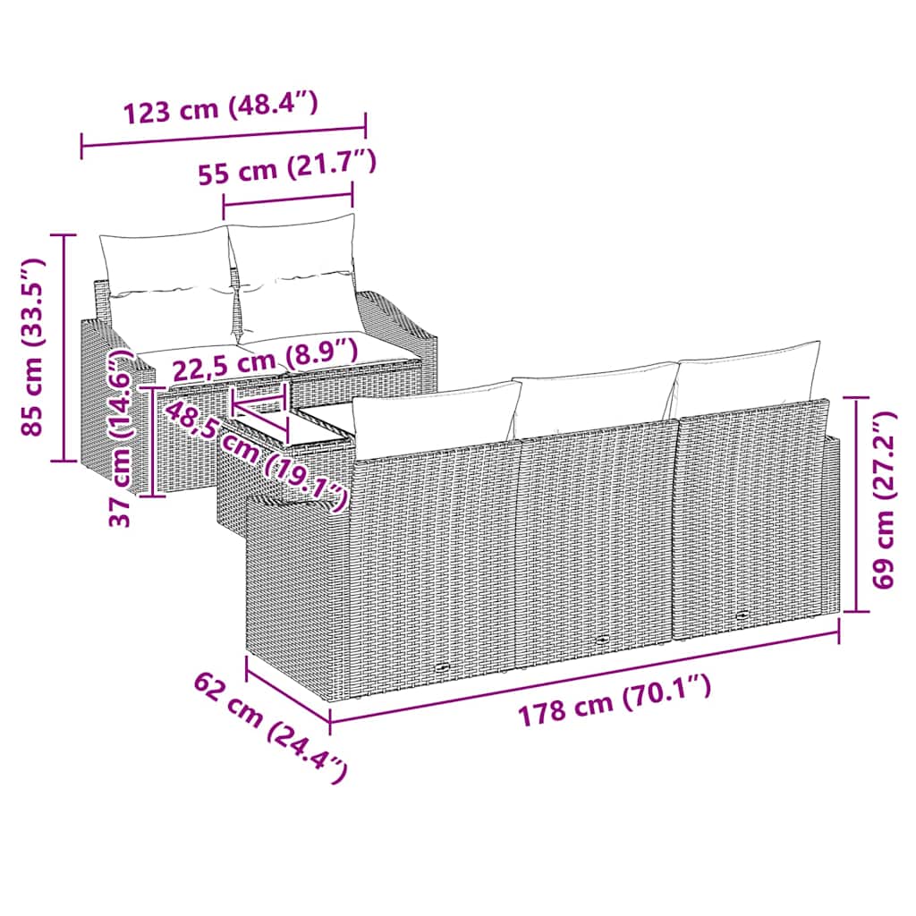 vidaXL Σετ 6 Τεμαχίων Κήπου με Μαξιλάρια Καφέ Πολυ Ρατάν