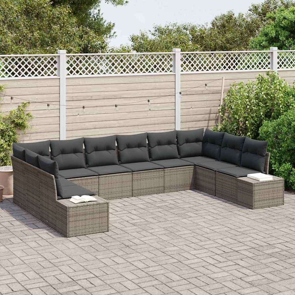vidaXL Set Καναπέ Κήπου 10 τεμαχίων με μαξιλάρια Γκρι Πολυ Ρατάν