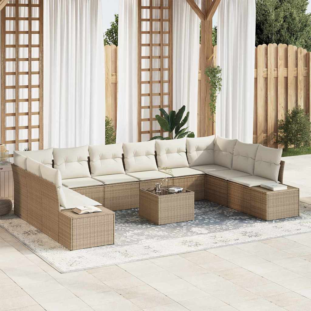 vidaXL Σετ Καναπέ Κήπου με μαξιλάρι 10 pcs Μπεζ και Κρέμα Πολυρατάν