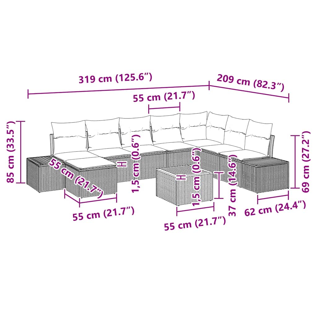 vidaXL Σετ 9 τεμαχίων Κήπου με Μαξιλάρια Μαύρο Πολυ Ρατάν