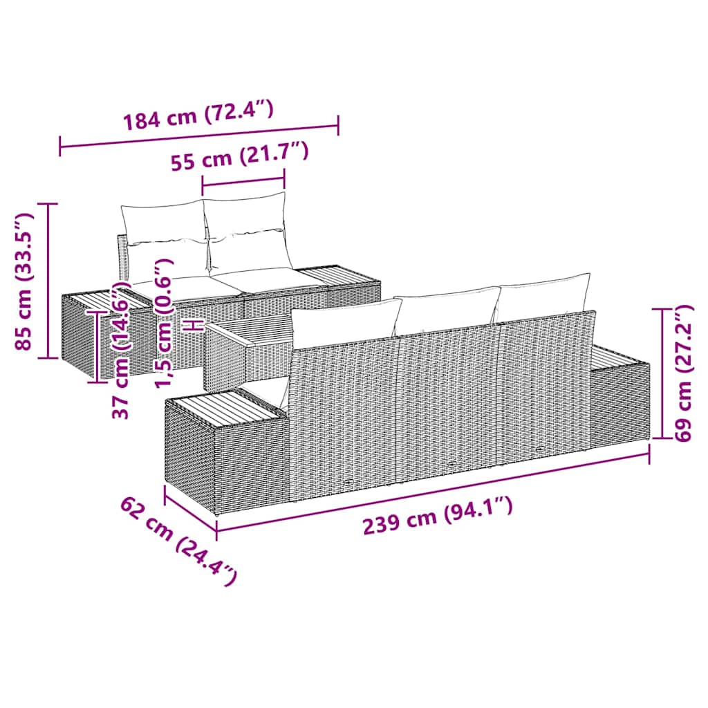 vidaXL 6 Τεμαχίων Σετ Κήπινου Καναπέ με Μαξιλάρια Γκρι Πολυ Ρατάν Ακακία