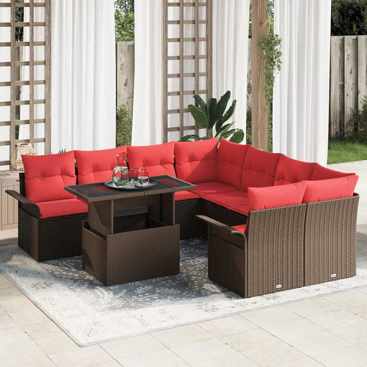 vidaXL Σετ Καναπέ Κήπου με μαξιλάρι 9 pcs Καφέ Πολυ Ρατάν