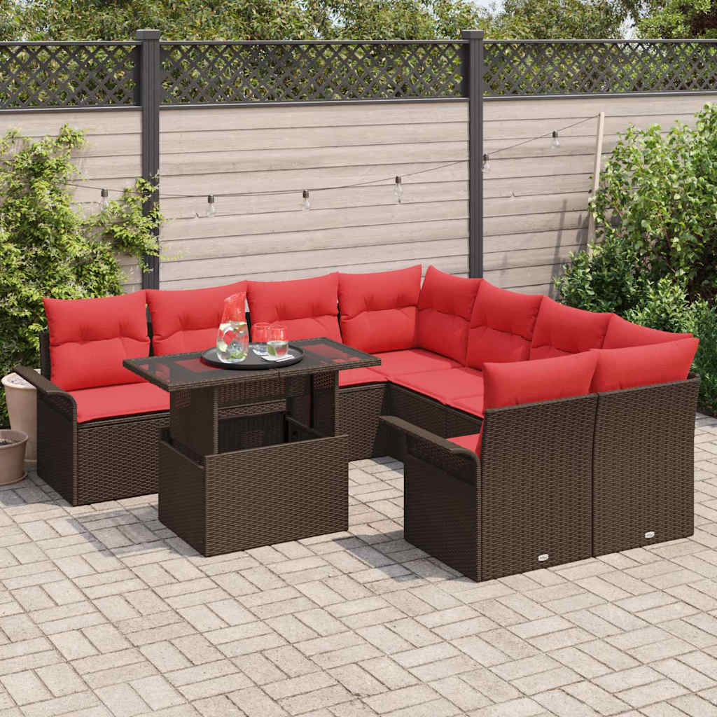 vidaXL Σετ Καναπέ Κήπου με μαξιλάρι 9 pcs Καφέ Πολυ Ρατάν