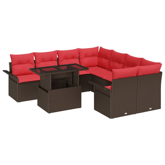 vidaXL Σετ Καναπέ Κήπου με μαξιλάρι 9 pcs Καφέ Πολυ Ρατάν