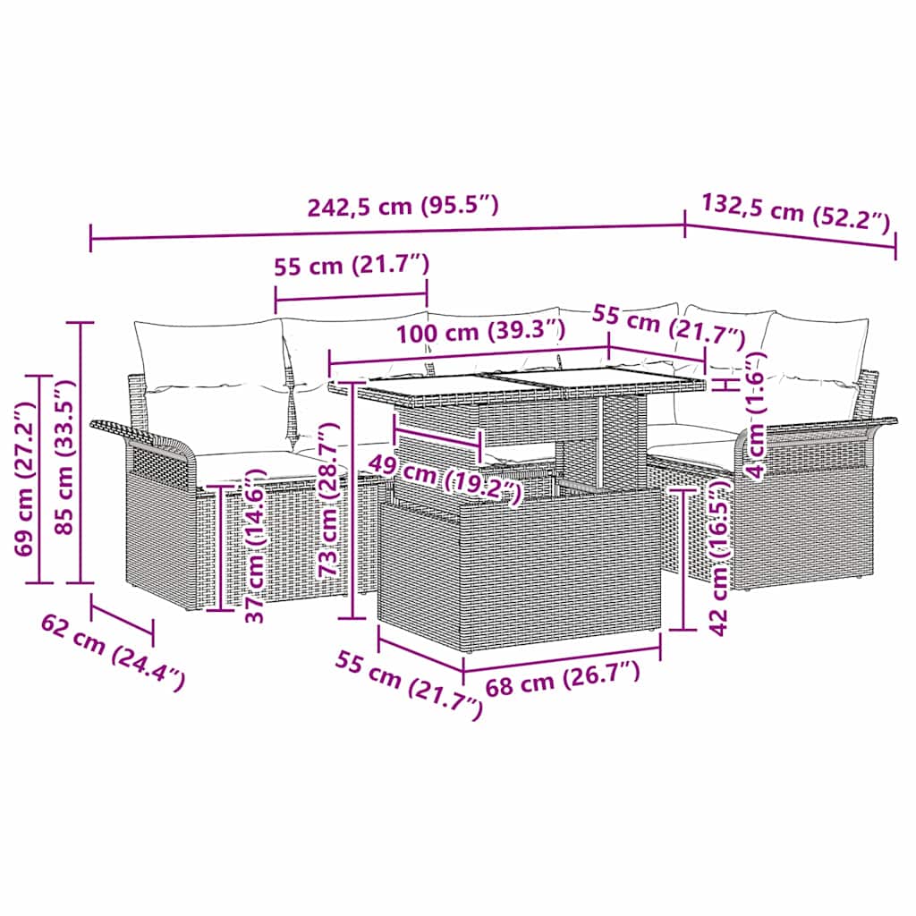 vidaXL Σετ 6 Κομματιών Καναπέ Κήπου με Μαξιλάρια Γκρι Πολυ Ρατάν