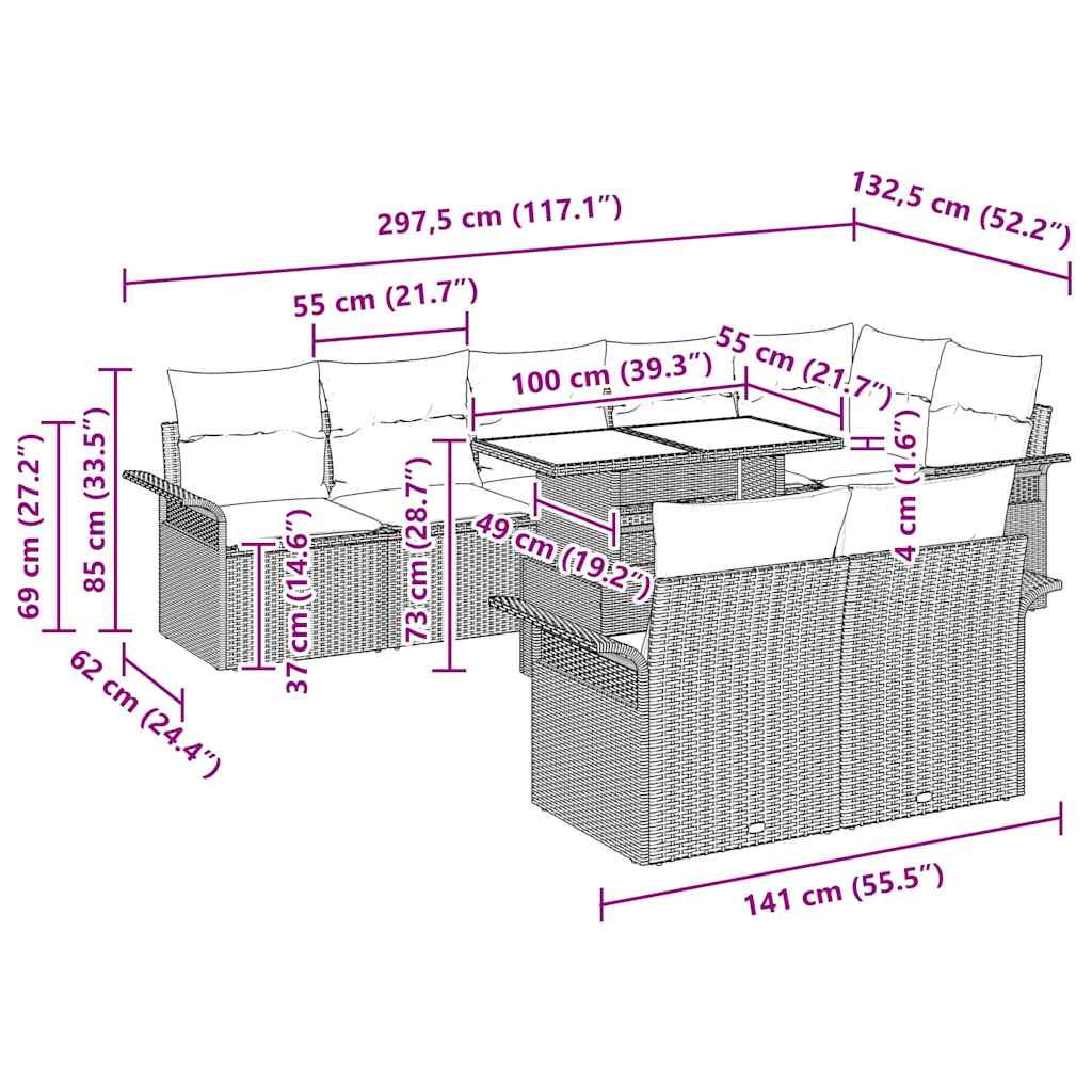 vidaXL Σετ Καναπέ Κήπου με μαξιλάρι 9 pcs Καφέ Πολυ ράταν