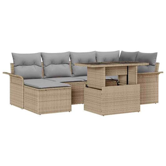 vidaXL Σετ Καναπέ Κήπου με μαξιλάρι 7 pcs Μπεζ Πολυ ράταν
