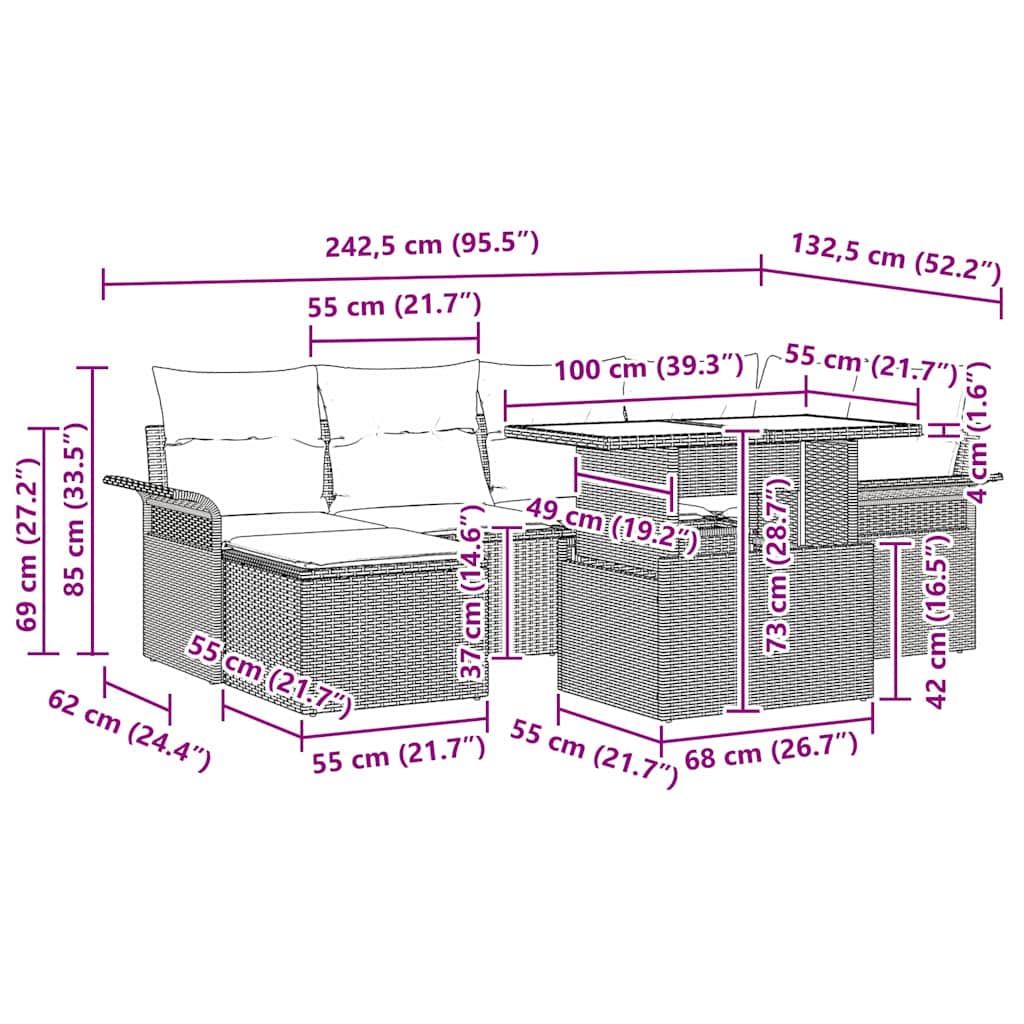 vidaXL Σετ Καναπέ Κήπου με μαξιλάρι 7 pcs Ανοιχτό γκρι Πολυ ράταν
