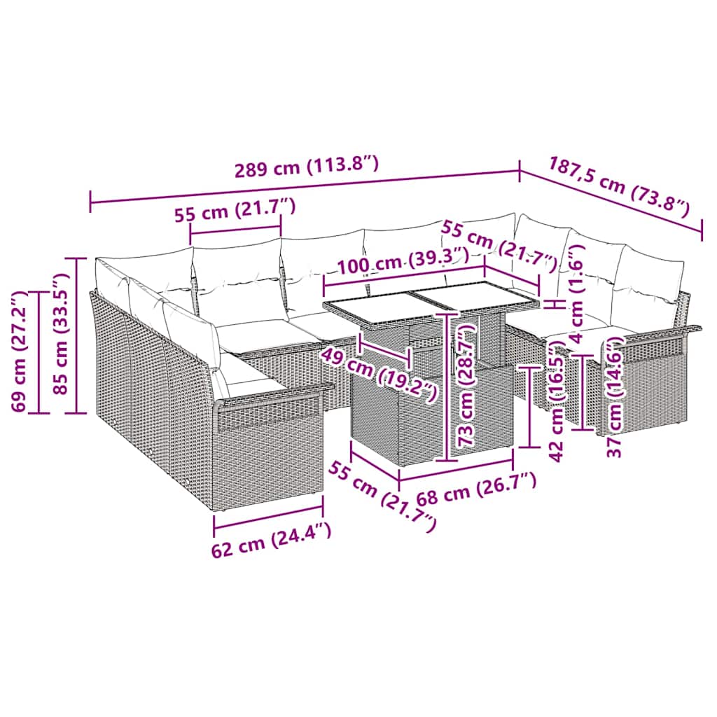 vidaXL Σετ 10 Τεμαχίων Καναπέ Κήπου με Μαξιλάρια Καφέ Πολυ Ρατάν