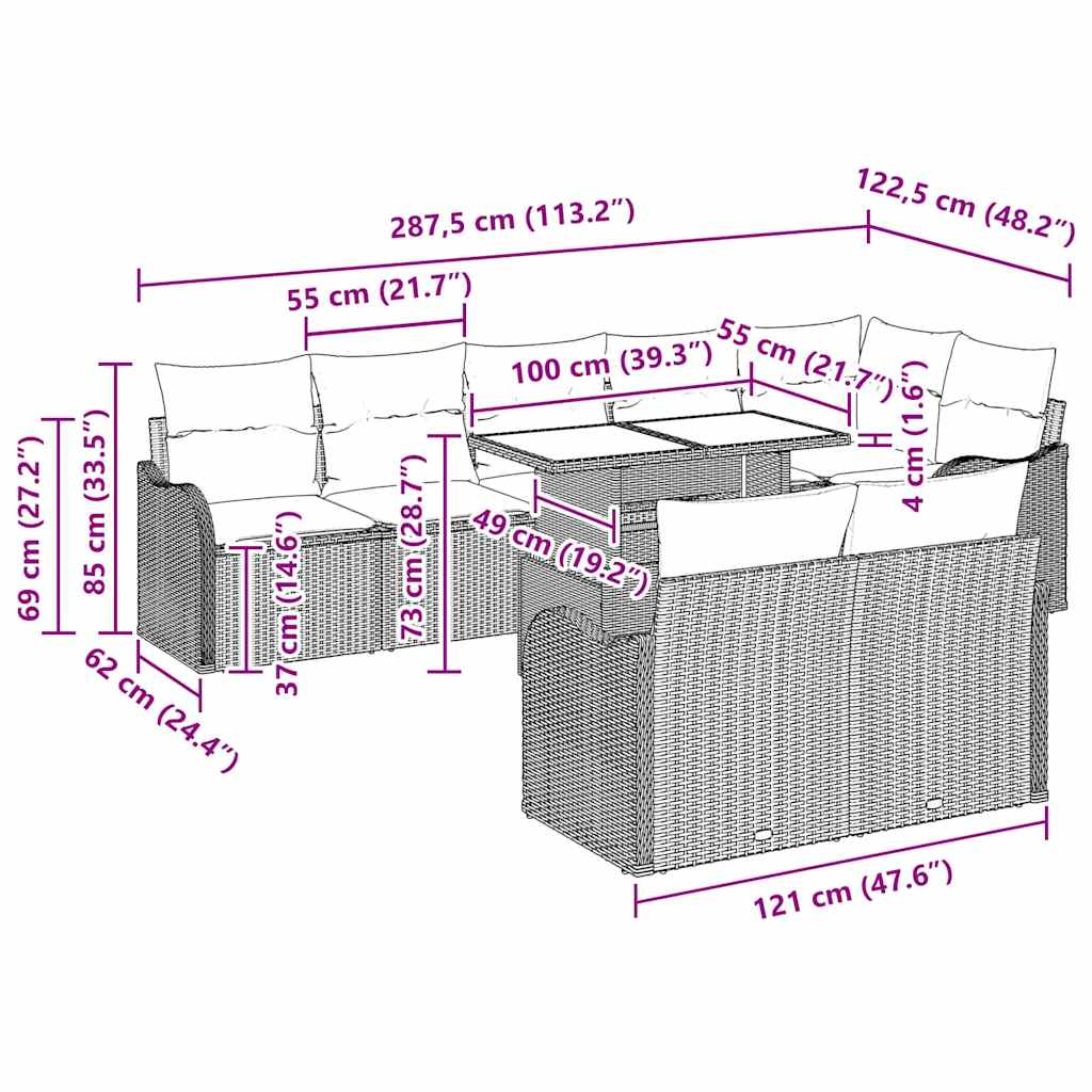 vidaXL Σετ Καναπέ Κήπου με μαξιλάρι με μαξιλάρι 9 pcs Μπεζ Πολυ Ρατάν