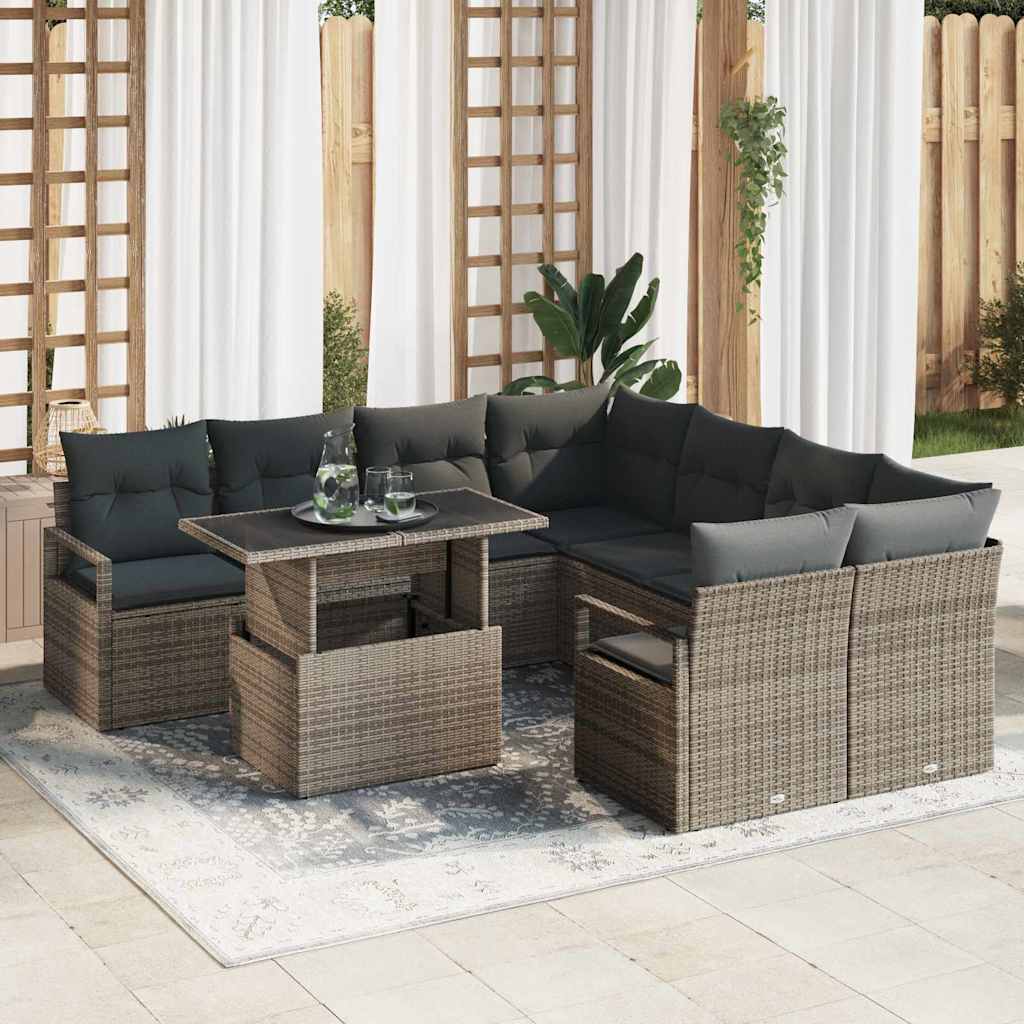 vidaXL Σετ Καναπέ Κήπου με αποθήκευση 9 pcs Γκρι Πολυ ράταν