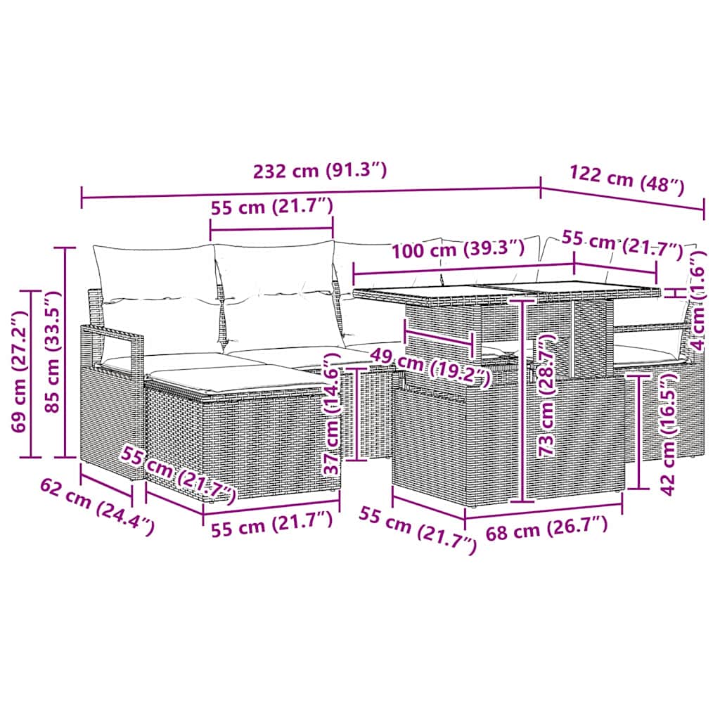 Σετ Καναπέ Κήπου 7 Τεμαχίων με Μαξιλάρια Καφέ Πολυ Ρατάν
