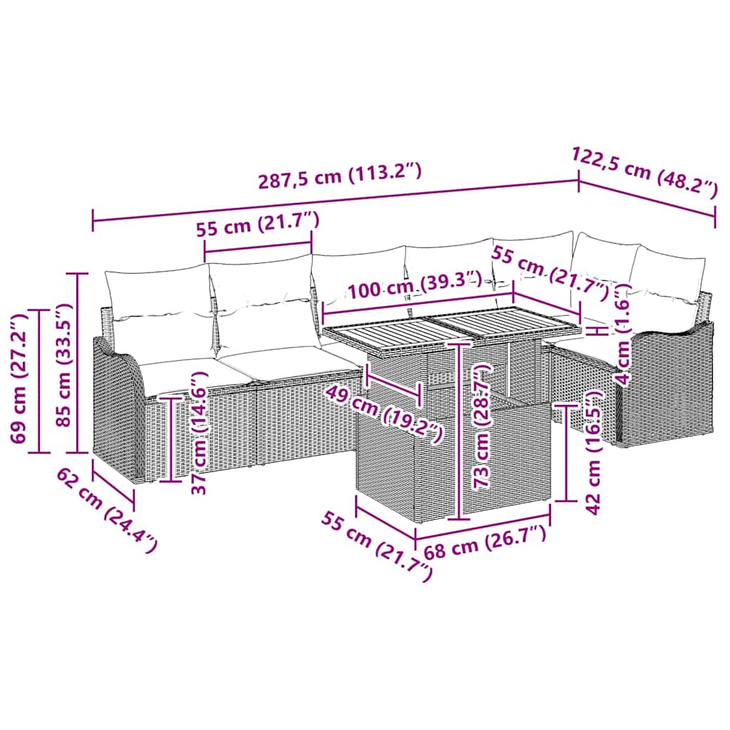 vidaXL Σετ Σαλονιού Κήπου 7 κομματιών με Μαξιλάρια Γκρι Πολυ Ρατάν