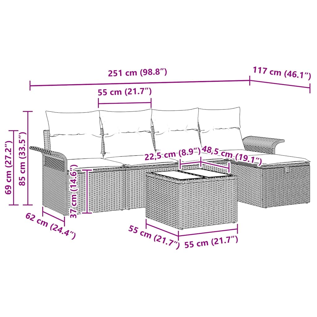 vidaXL 6 Τεμαχίων Καναπέ Κήπου με Μαξιλάρια Μαύρο Ρατάν