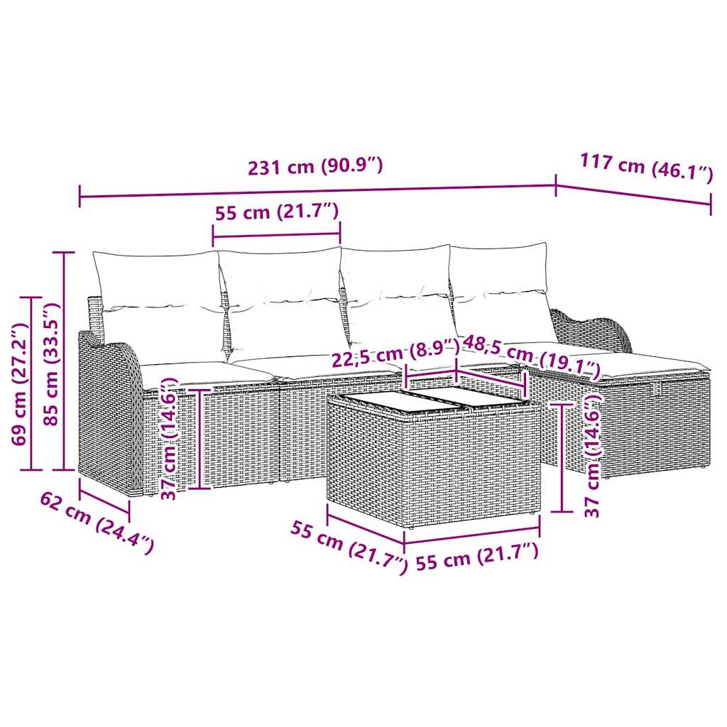 vidaXL Σετ Καναπέ Κήπου 6 Τεμαχίων με Μαξιλάρια Ανοιχτό Γκρι Πολυ Ρατάν