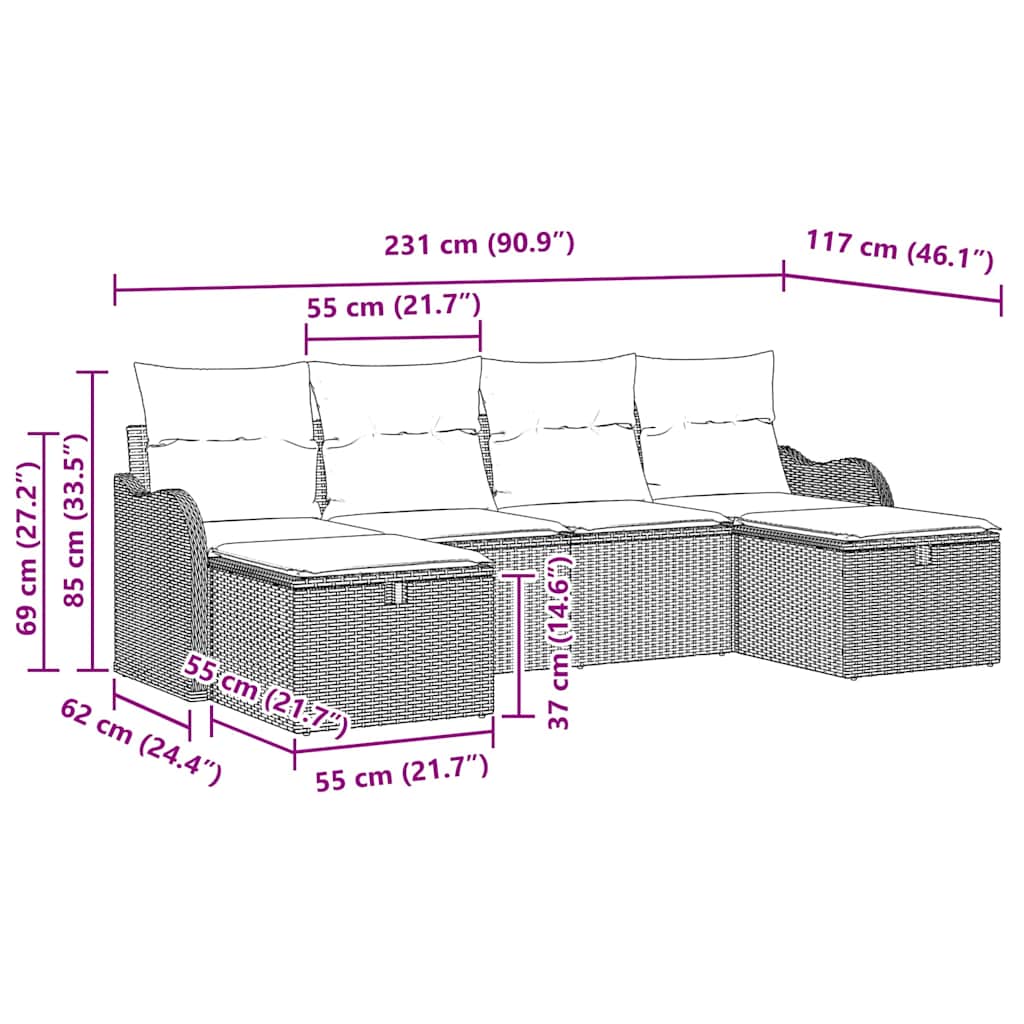 Σετ Καναπέ Κήπου vidaXL 6 τεμαχίων με Μαξιλάρια Ανοιχτό Γκρι Πολυ Ρατάν