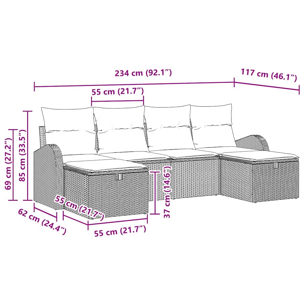 vidaXL Σετ 6 τεμαχίων καναπέ κήπου με μαξιλάρια μπεζ πολυ ρατάν