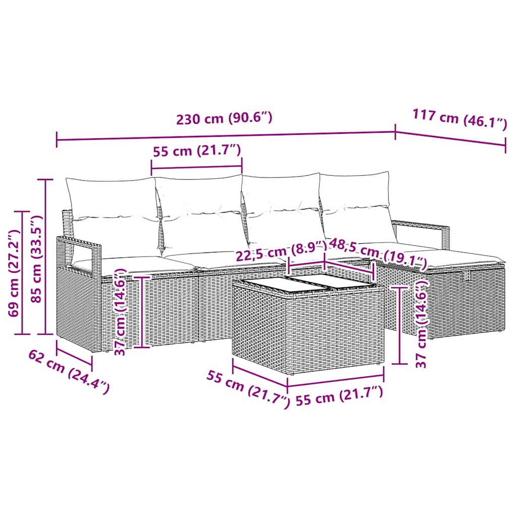 vidaXL Σετ Καναπέ Κήπου 6 Τεμαχίων Με Μαξιλάρια Ανοιχτό Γκρι Πολυ Ρατάν